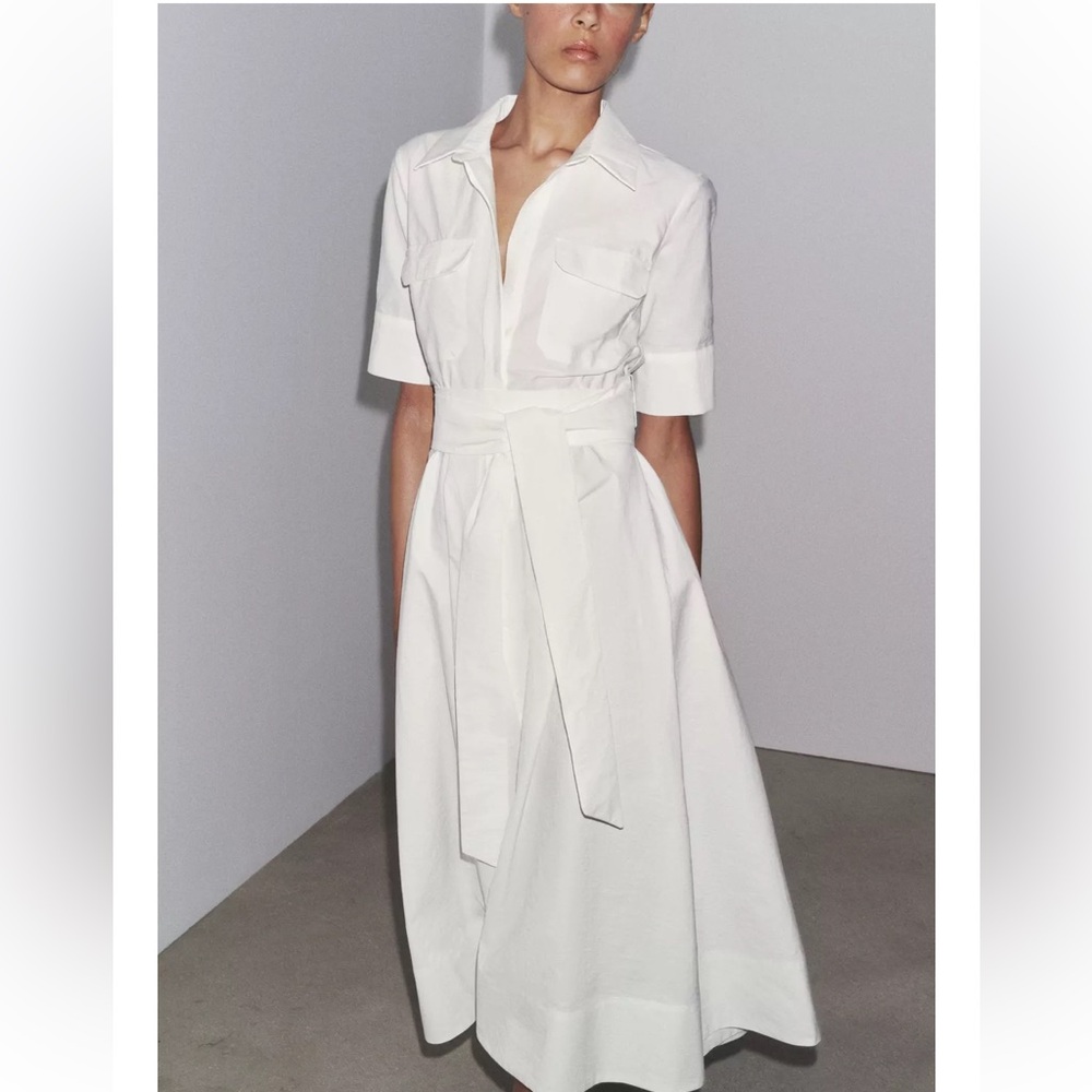 Zara White Midi Shirt Dress with Tie Waist - Picture 2 of 9
